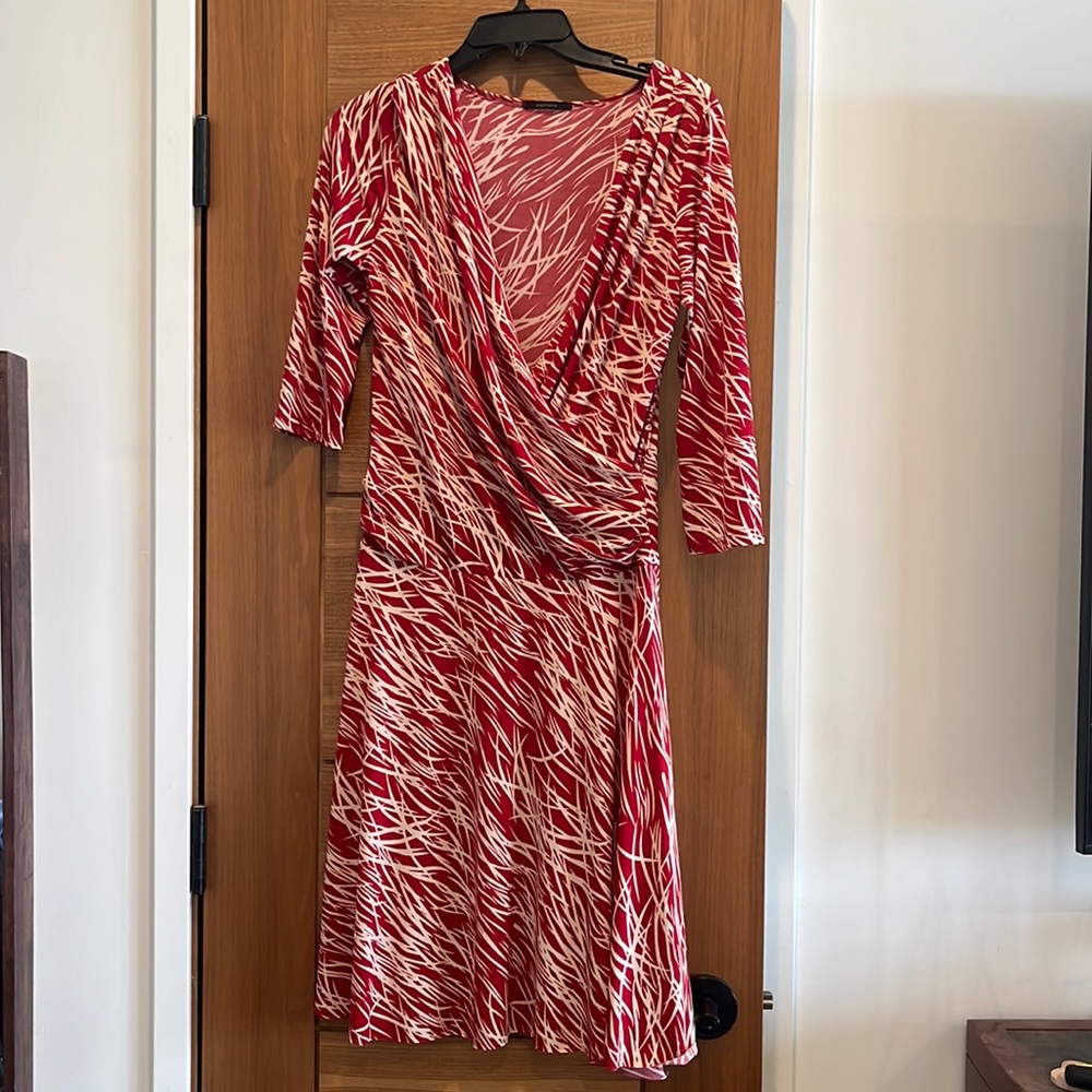 Red and white pseudo wrap dress.